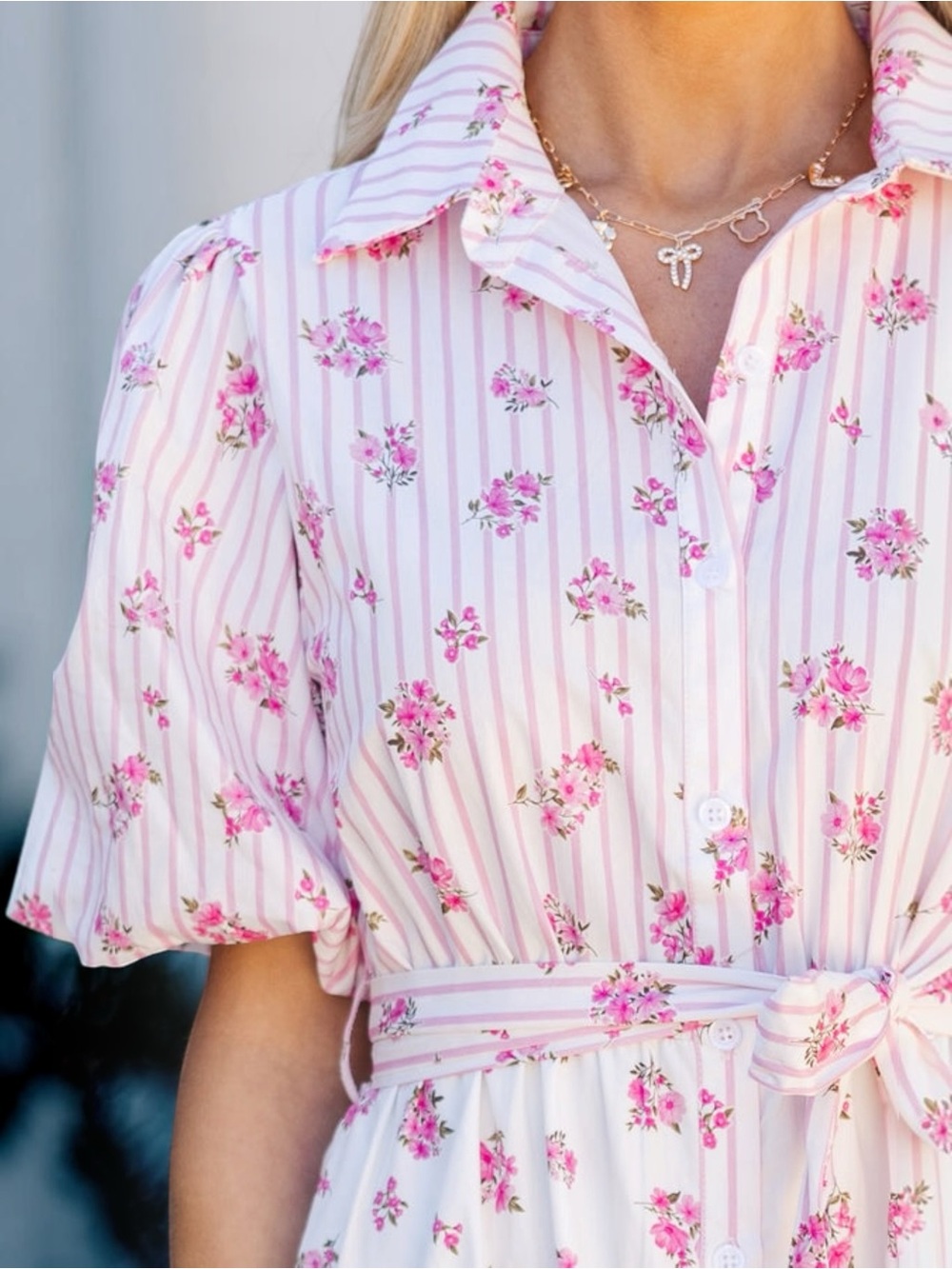 Pink & White Floral Tiered Cotton Puff Sleeve Dress Sz Medium - Picture 4 of 12